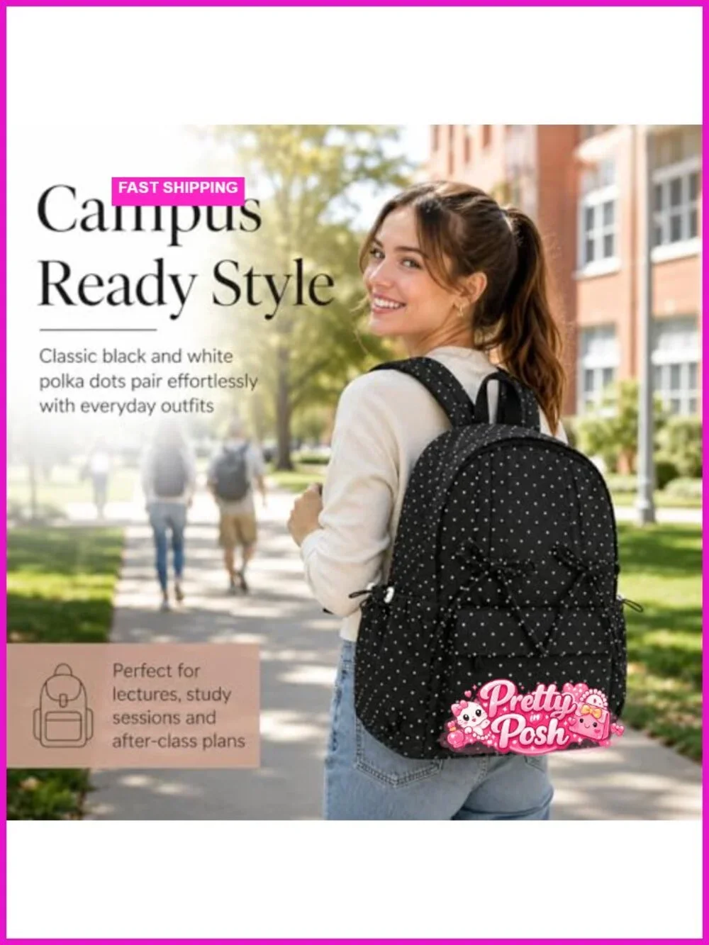 Nylon Polka Dot Backpack with Bow Detail for Women - Large Daypack
